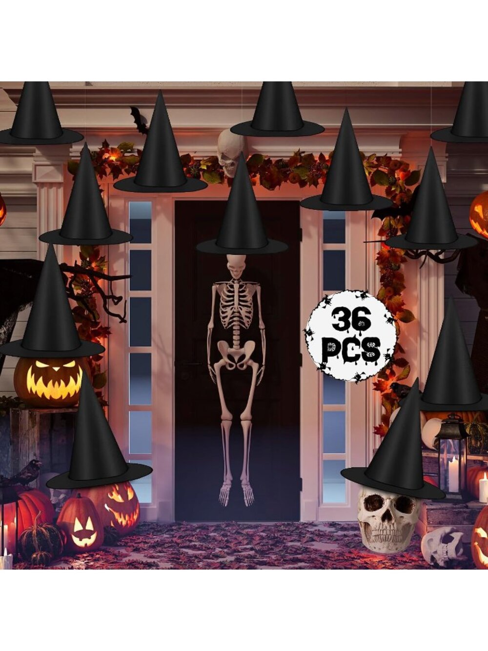 36 PCS Halloween Witch Hats Black Hanging Witch Hats Porch Yard Decor FT Nylon